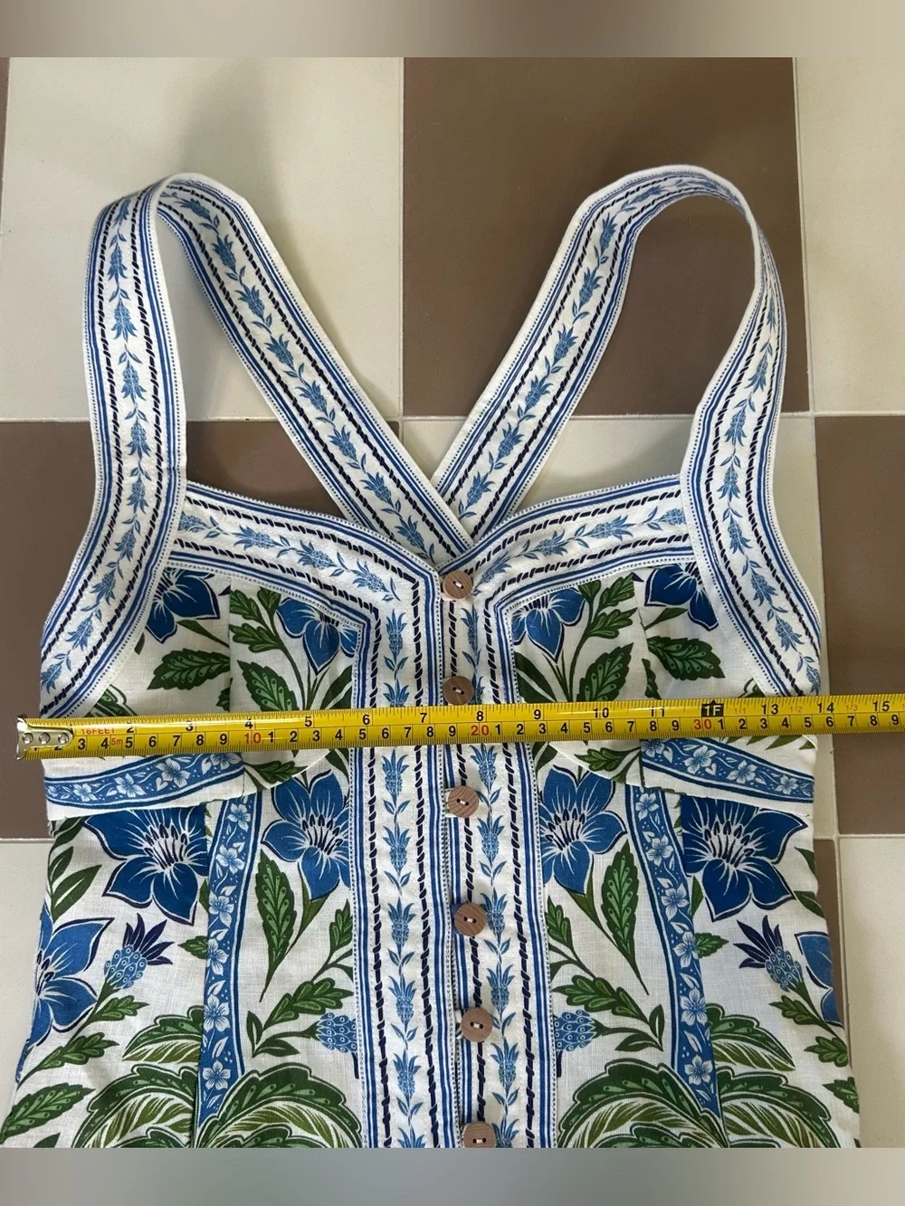 Farm Rio Tropicango Linen Mini Dress NWT S Blue Floral Crisscross Back $198 - Picture 8 of 9